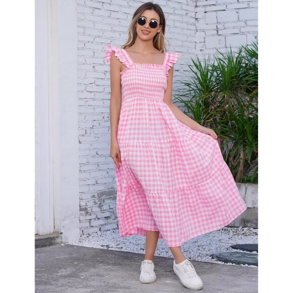 Mommy and Me Plaid Midi Dress Summer Square Neck Ruffle Flowy Beach Outfit - Picture 2 of 6